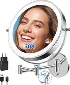 9"Wall Mounted Makeup Mirror with Lights,5000mAh Rechargeable 1X/30X