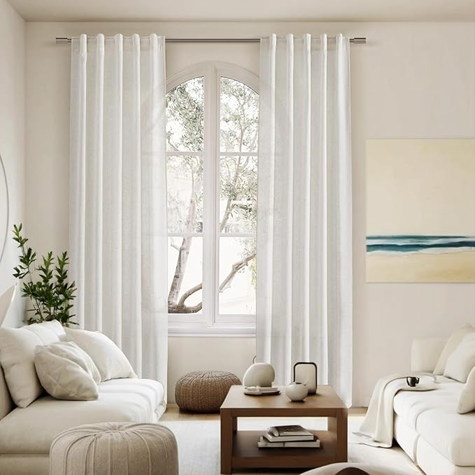 Cream Linen Curtains 84 Inch Length 2 Panels Back Tab Pocket Semi Sheer Bedroom - Image 7
