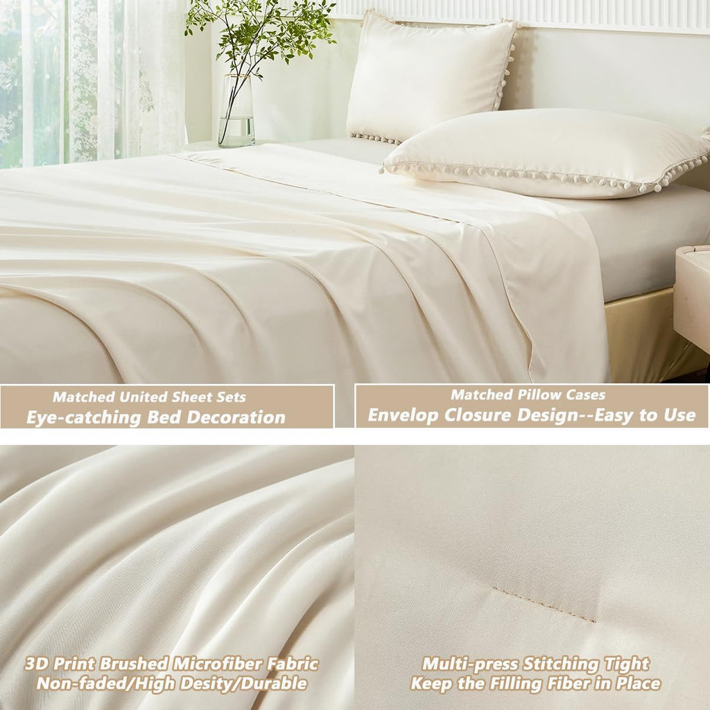 PERFEMET Girls Comforter Set Twin Size Beige Cream Pom Pom Bedding 5 Pieces