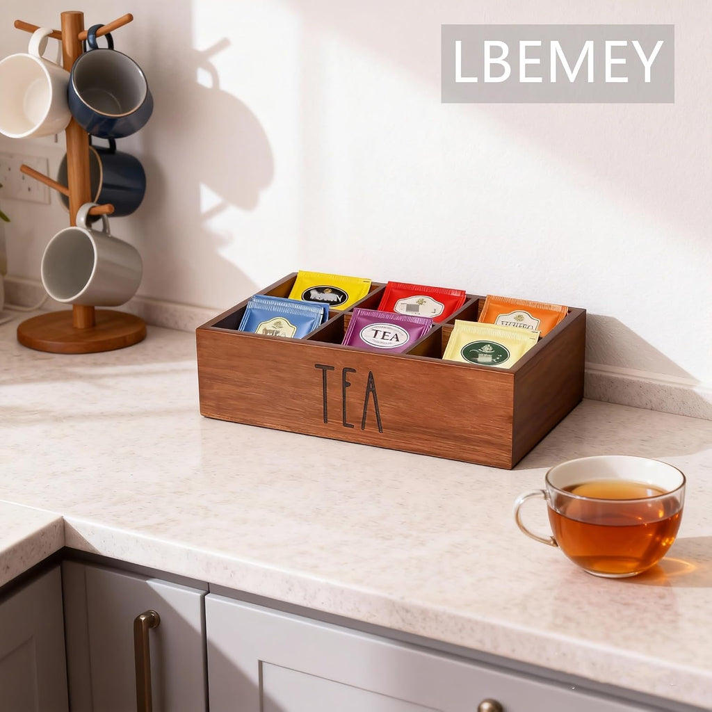 LBEMEY Tea Bag Organizer, Wood Tea Storage Containers with 6 Compartments, Sugar Packet Holder,Tea Bag Caddy Box for Cabinet Countertop Office (Brown- Labeled "TEA")