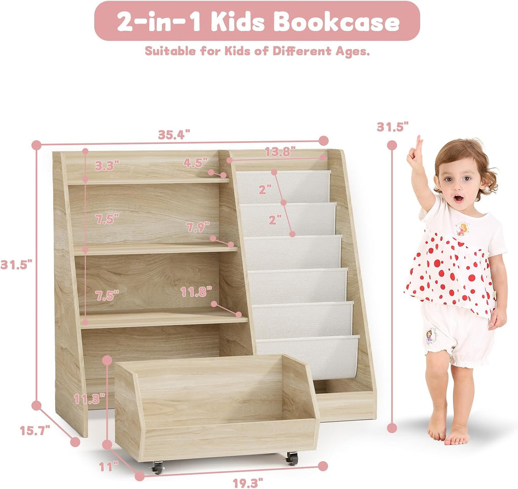 Kids Bookshelf, 4 Tier Toddler Bookcase with Toy Storage Drawer