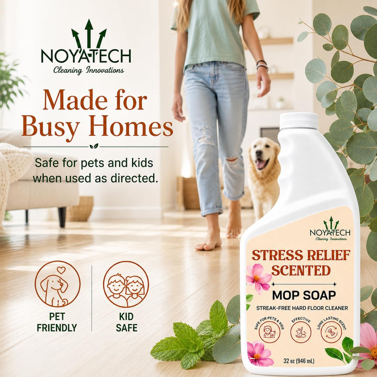 NOYATECH Scented Mop Soap – Eucalyptus & Spearmint Floor Cleaner for Sealed Hardwood, Tile, Laminate & Vinyl – Streak-Free Clean, 32 fl oz
