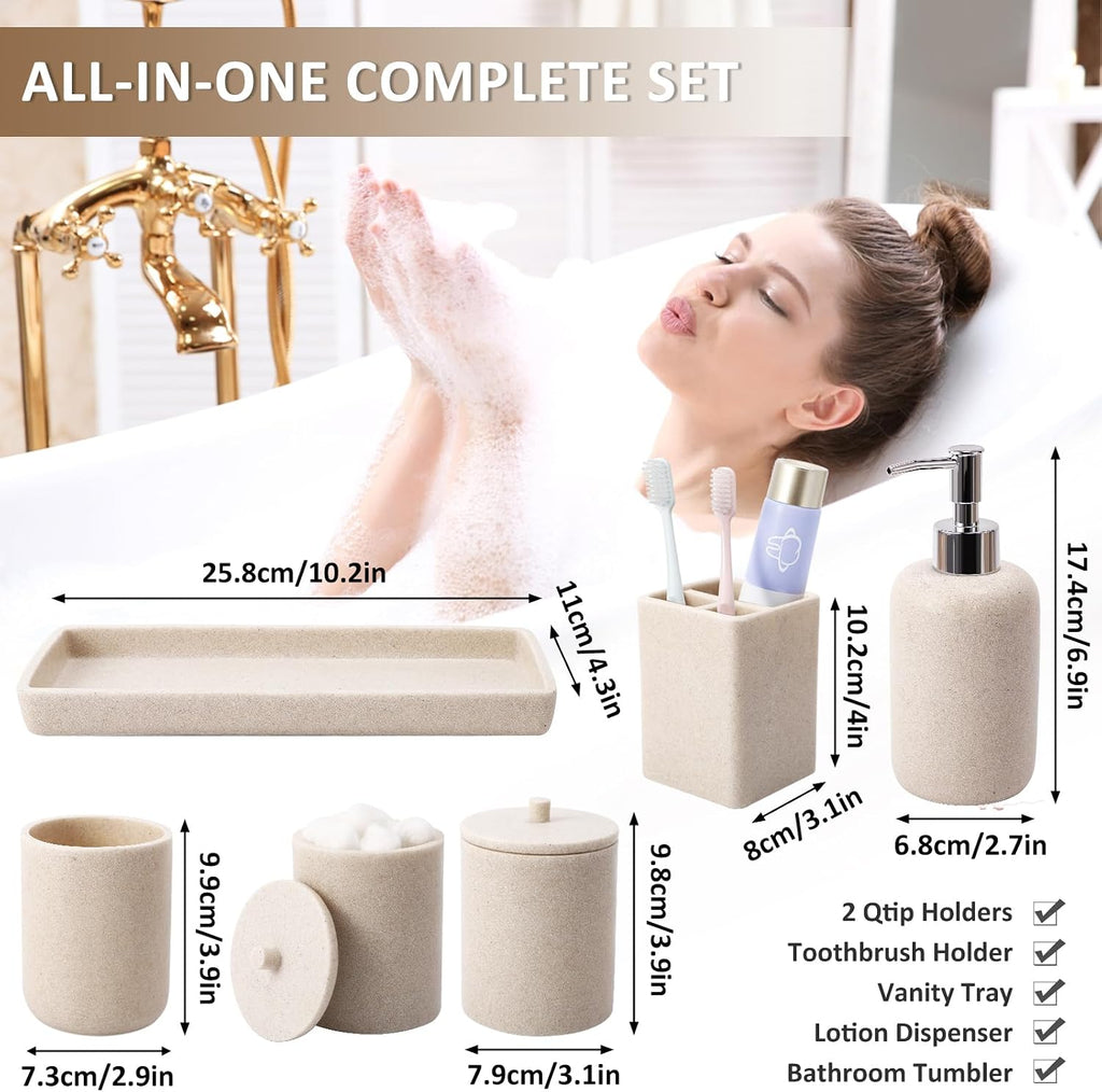 XLHOMO Resin Beige Bathroom Set, 6 Pcs Bath Decor and Accessories Sets