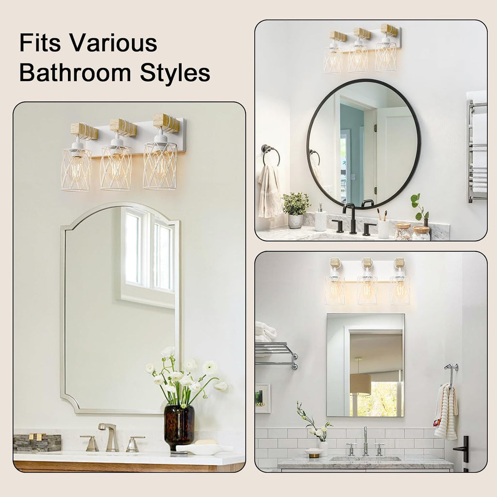 IZORRO Farmhouse Bathroom Vanity Light, 3-Light Wood Bathroom Light Fixtures Over Mirror, Matte White Industrial Vanity Lights with Metal Shade, Rustic Restroom Lighting Fixtures