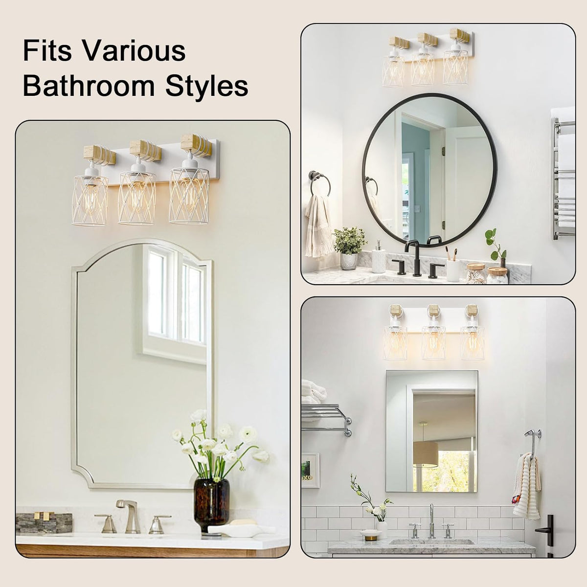 IZORRO Farmhouse Bathroom Vanity Light, 3-Light Wood Bathroom Light Fixtures Over Mirror, Matte White Industrial Vanity Lights with Metal Shade, Rustic Restroom Lighting Fixtures