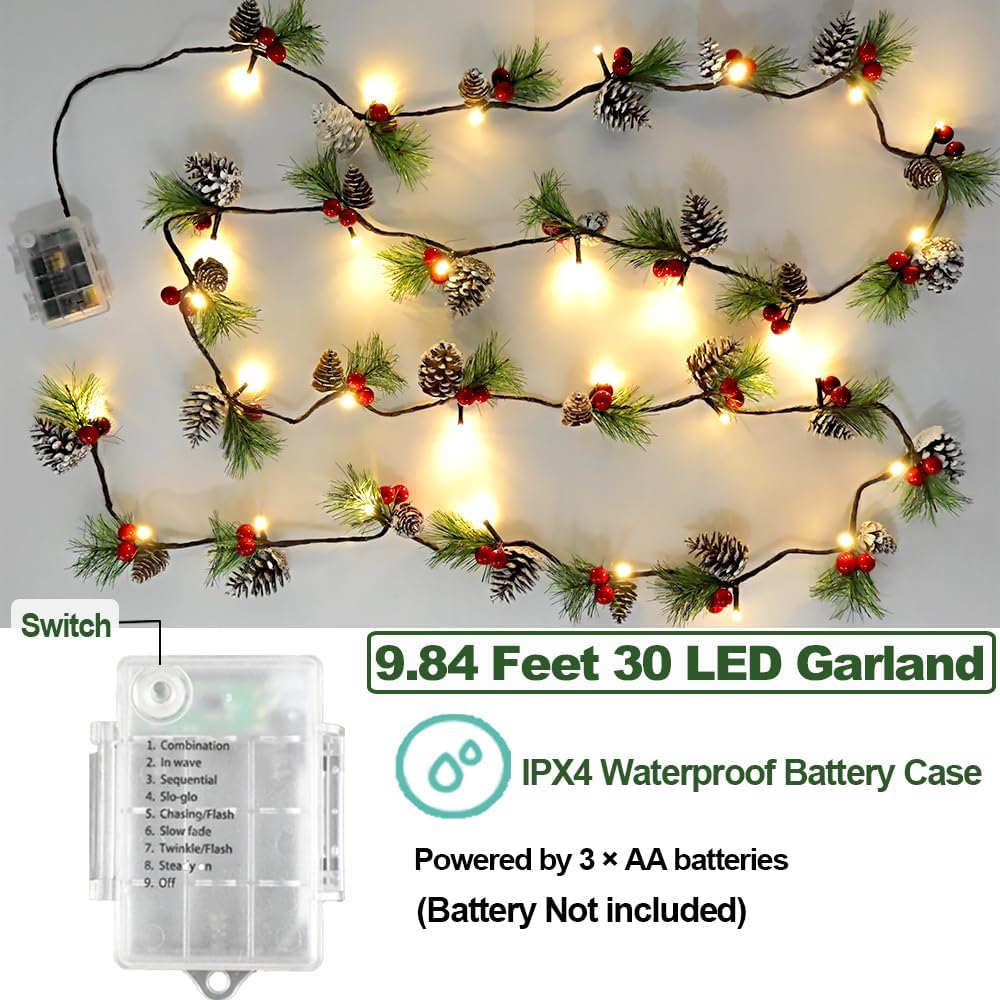 2026 Upgraded Christmas Garland Lights 9.84FT Holiday Prelit Garlands Pine Cone with Red Berry Battery Operated with Timer Garland Wreath Xmas Decor Lights for Outdoor Indoor Christmas Home Decoration