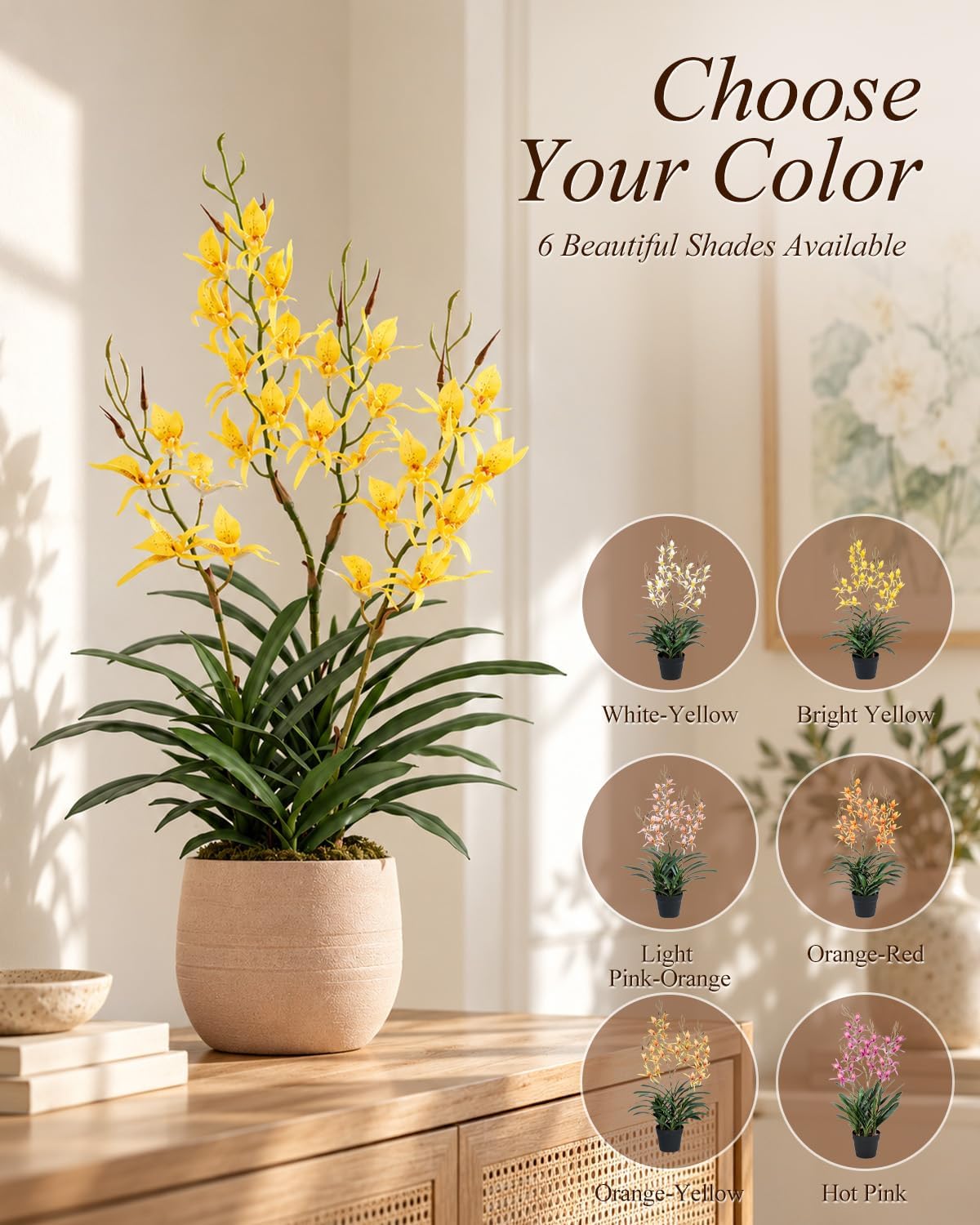 Potted Fake Orchid, Bright Yellow 29.5" Artificial Dendrobium, Fake Flowers with Matching Orchid Pot for Balcony, Kitchen & Spring Table Arrangement, Set of 1