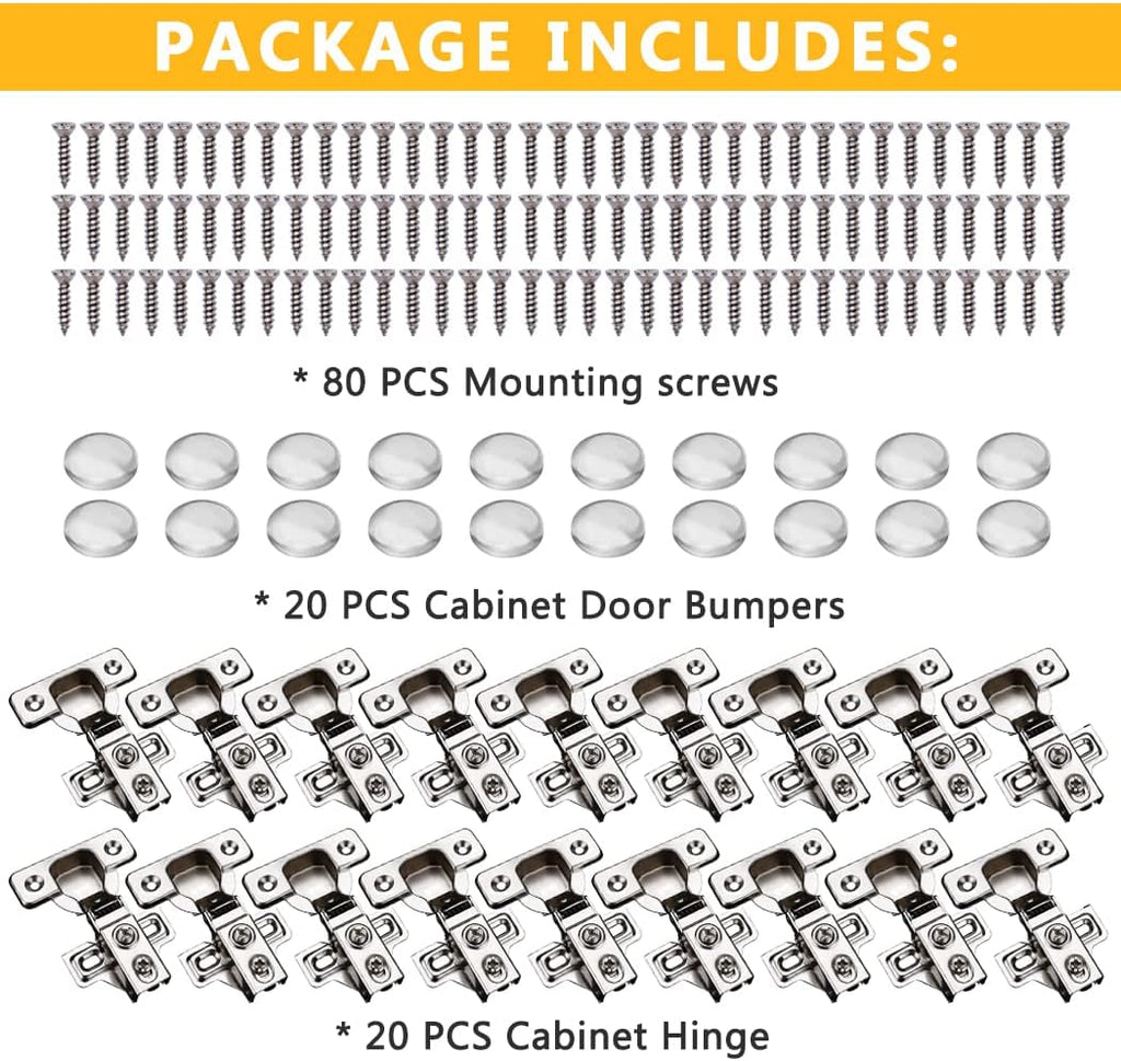 20 Pack Soft Close Cabinet Door Hinges for 1/2 Inch Overlay Cupboard, 105 Degree Opening Angel, Stainless Concealed Kitchen Cabinet Hinges with Mounting Screws, Manual and Door Bumpers