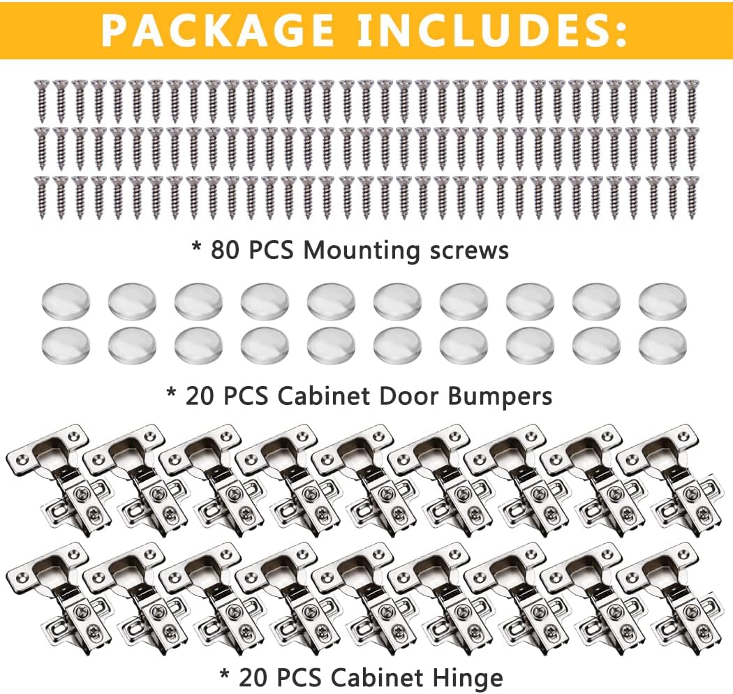 20 Pack Soft Close Cabinet Door Hinges for 1/2 Inch Overlay Cupboard, 105 Degree Opening Angel, Stainless Concealed Kitchen Cabinet Hinges with Mounting Screws, Manual and Door Bumpers