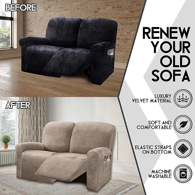 ULTICOR Reclining Love Seat Sofa Cover, 48-65'' L, Velvet Stretch - Image 5