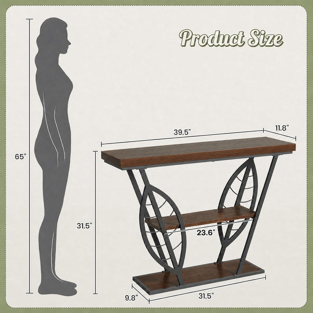 HavenlyYouth Leaf Design Console Table for Entryway, 3-Tier Storage, 30mm Thick Industrial Metal Frame, Easy-to-Assemble Narrow Accent Table, Space-Saving for Hallway, Entrance, Foyer.Walnut