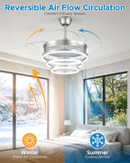 48 Inch Retractable Ceiling Fans with Lights and Remote, Modern Chandelier Fandelier Ceiling Fans, Quiet Reversible DC Motor, 6 Speeds, 3 Color Dimmable LED for Bedroom Living Room (Silver)