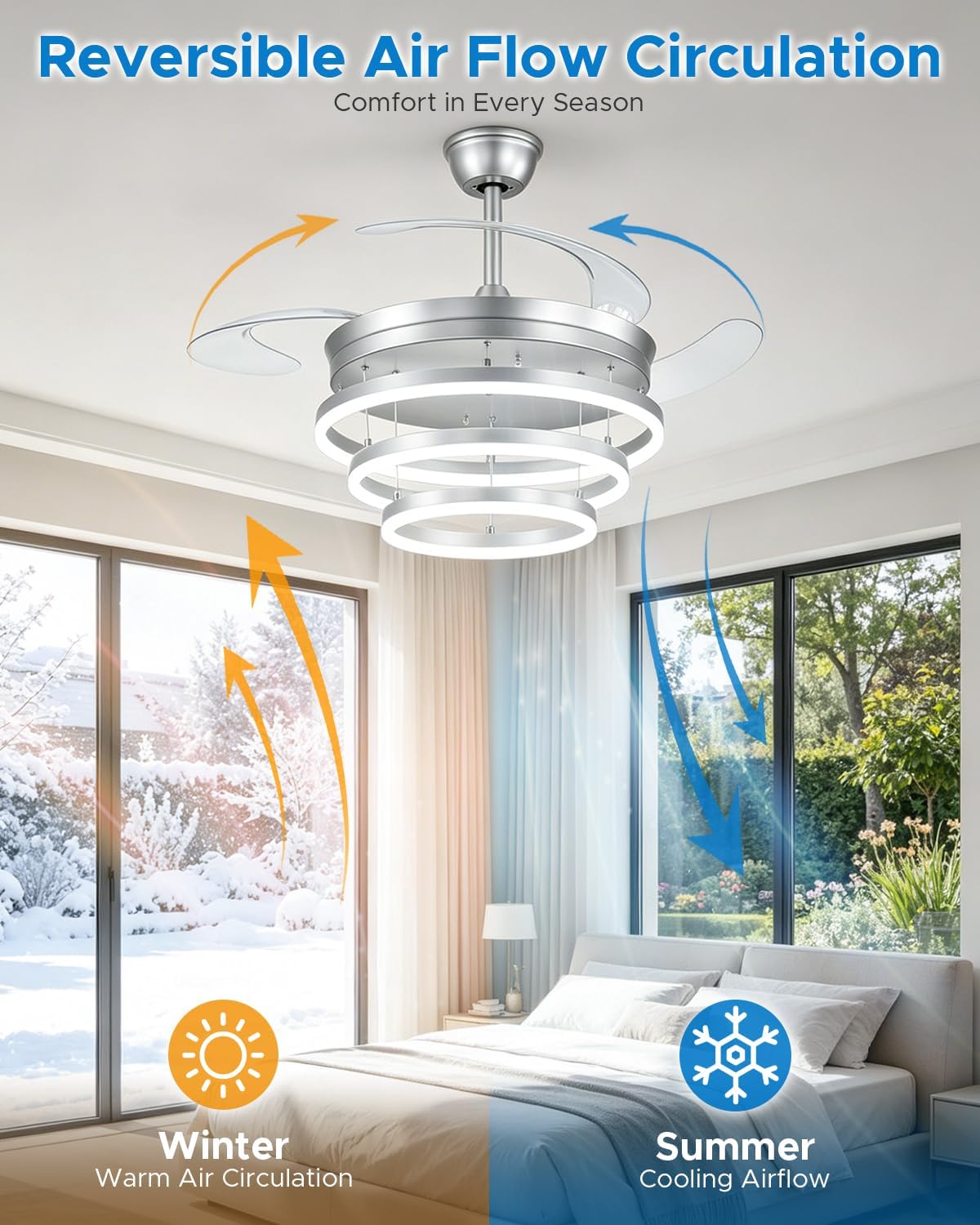 48 Inch Retractable Ceiling Fans with Lights and Remote, Modern Chandelier Fandelier Ceiling Fans, Quiet Reversible DC Motor, 6 Speeds, 3 Color Dimmable LED for Bedroom Living Room (Silver)