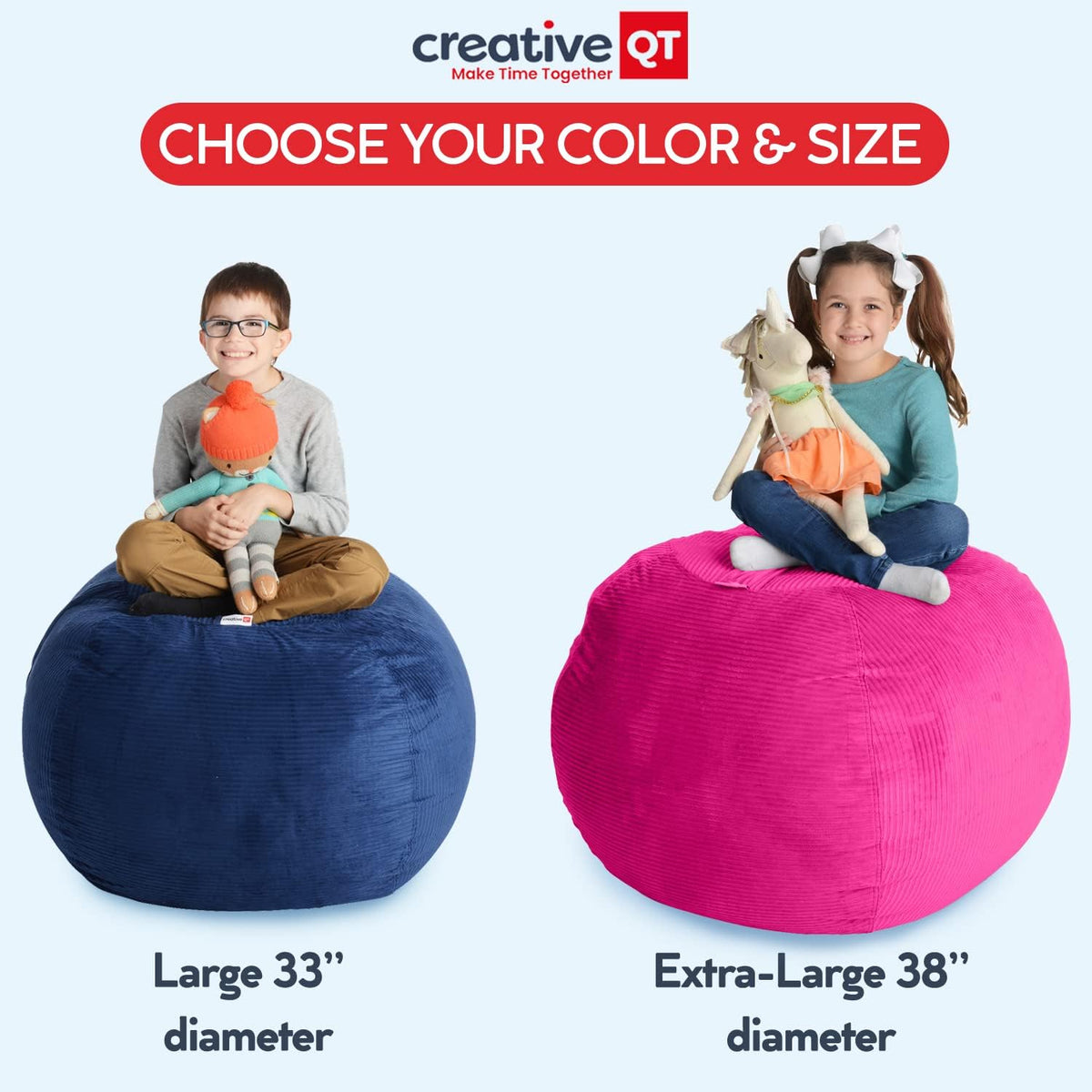 Creative QT Stuff ’n Sit Large 33’’ Bean Bag Storage Cover for Stuffed Animals & Toys, Giant Beanbag Chair for Kids Ages 3-14, Bedroom Organizer, Gray/White Stripe