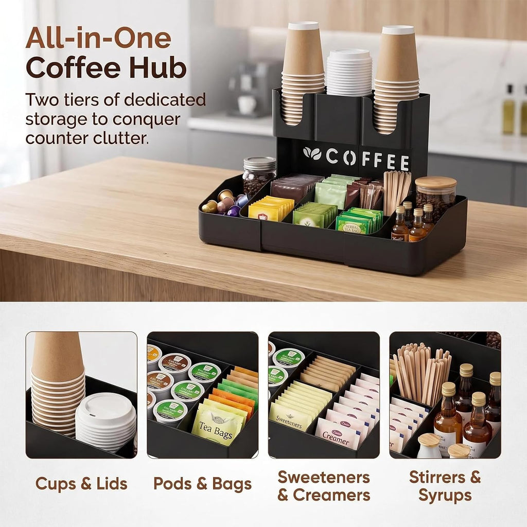 Expandable 2 Tier Coffee Station Organizer, Coffee Bar Organizer with 11 Compartments & Cup Holder Rack, Coffee Pod Holder for K Cups, Tea Bags, Sugar Packets, Countertop Coffee Accessories Storage