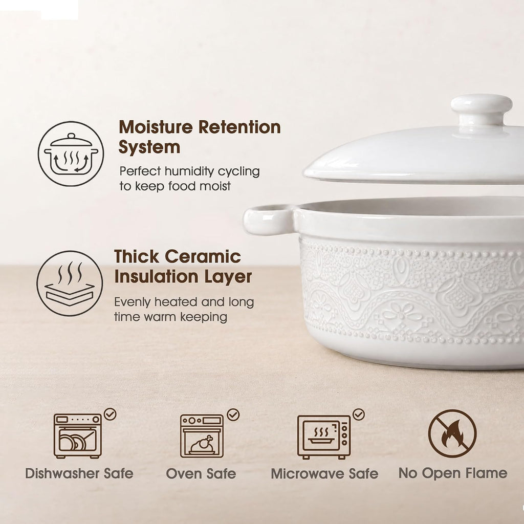 FE Casserole Dish with Lid, 2 Quart Ceramic Baking Dish, Bright White