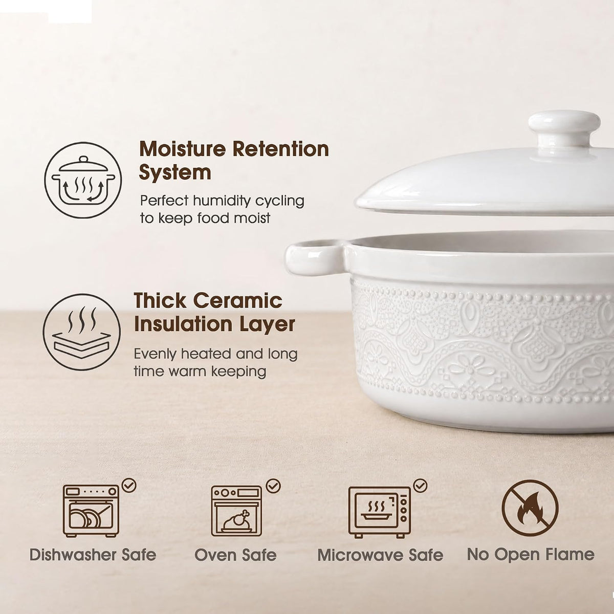 FE Casserole Dish with Lid, 2 Quart Ceramic Baking Dish, Bright White