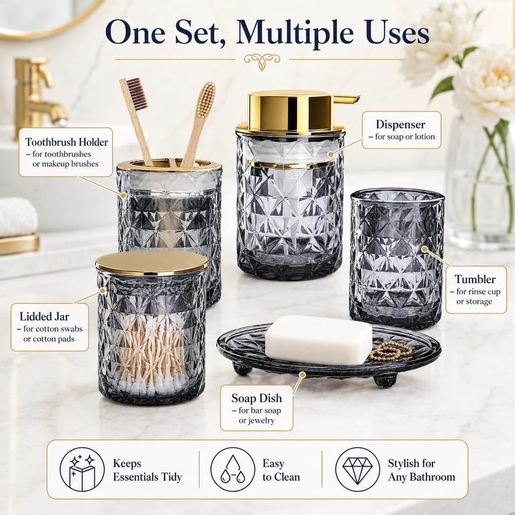 5 Piece Glass Bathroom Accessories Set, Black & Gold Vanity Countertop Set