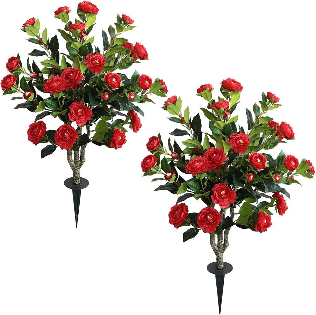 Artificial Camellia Tree, 2 Pack Soil Insertion w/Spike,Flower Plants, Faux Floral Plant Blooming Tree in Cement Pot, Greenery Potted Plant for Indoor Outdoor Office Home Porch Decor (Red)