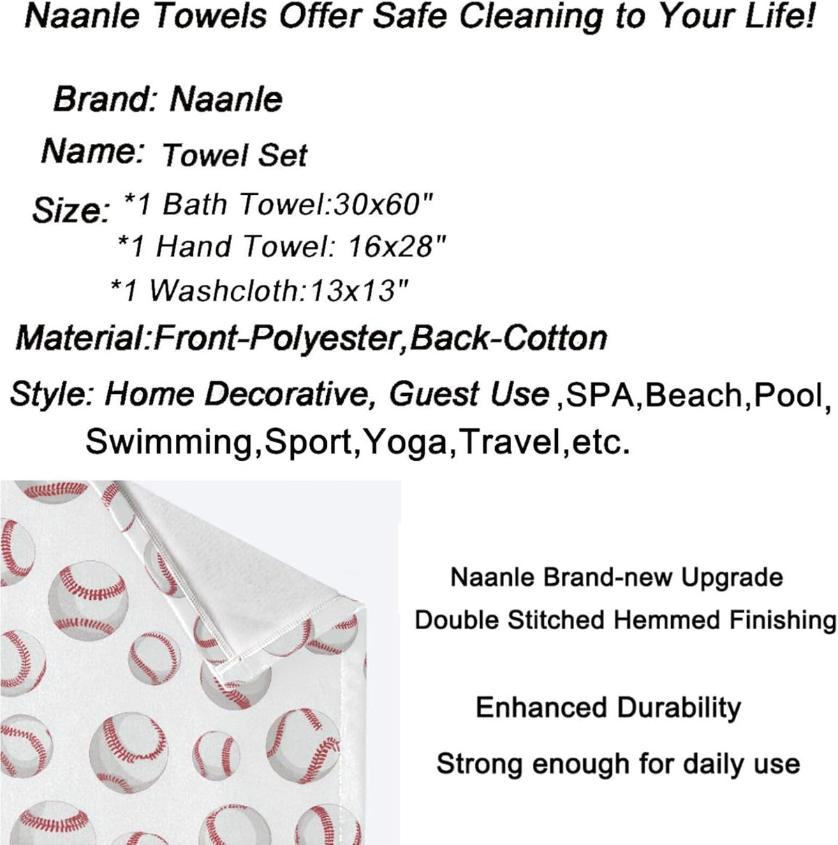 Naanle Stylish Baseball Lace Pattern Soft Luxury Decorative Set of 3 Towels, 1 Bath Towel+1 Hand Towel+1 Washcloth, Multipurpose for Bathroom, Hotel, Gym, Spa and Kitchen