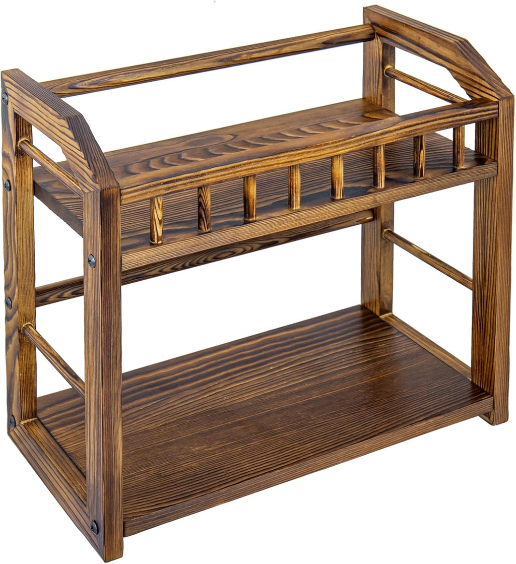 MyGift 2-Tier Solid Pine Wood CD Storage Rack – Dark Burnt Finish Desktop Organizer for 48 CDs, Rustic Space-Saving Media Display Shelf for Home and Office