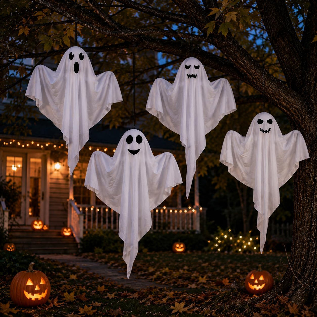 Kiddokids 4 Pack Halloween Hanging Ghost Decorations, 27.5'' Poseable White Ghosts with Bendable Arms for Front Porch, Yard Tree, Indoor Party and Haunted House Decor, Outdoor Entry Door Doorframe