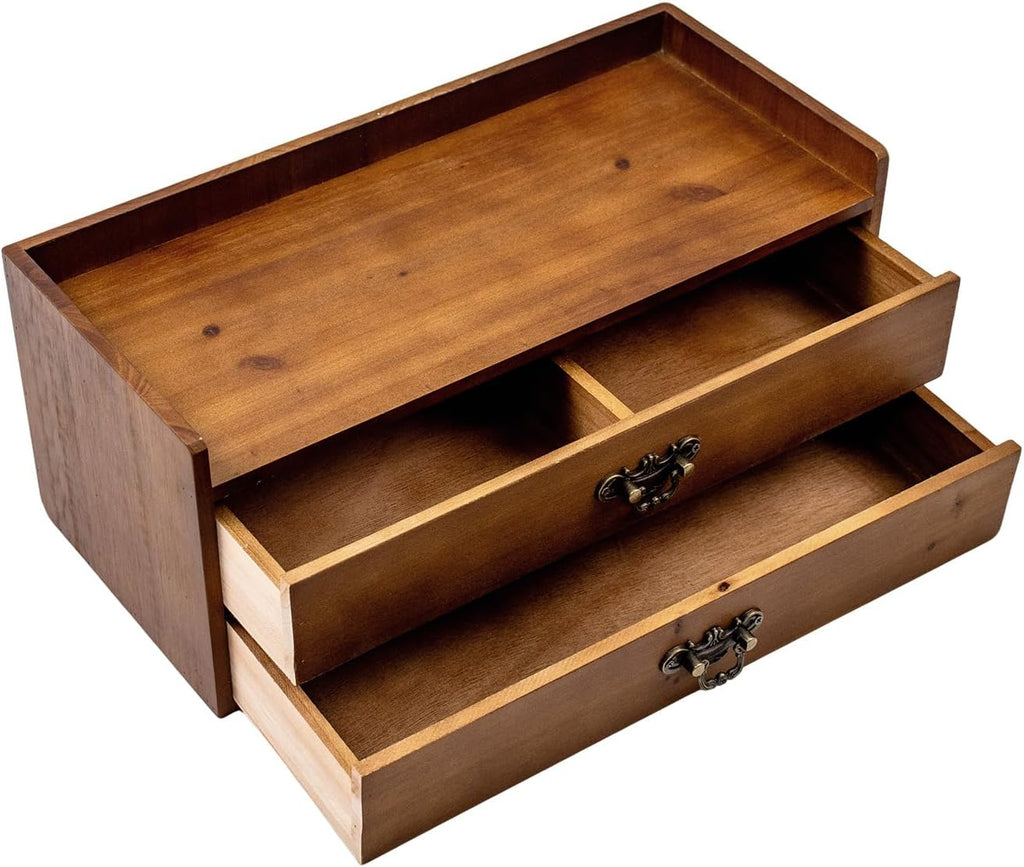Desk Organizer Drawers Light Brown Vintage Wood Desktop Storage Box