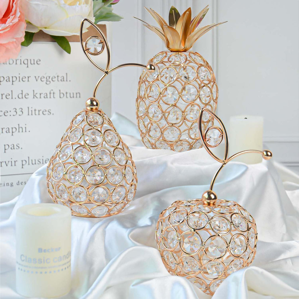 Set of 3 Crystal Metal Pineapple Pear Table Centerpiece Handmade Crystal Candlestick Hollow Fruit Ornament Home Party Wedding Holiday Bar Decoration (Silver, Set of 3)
