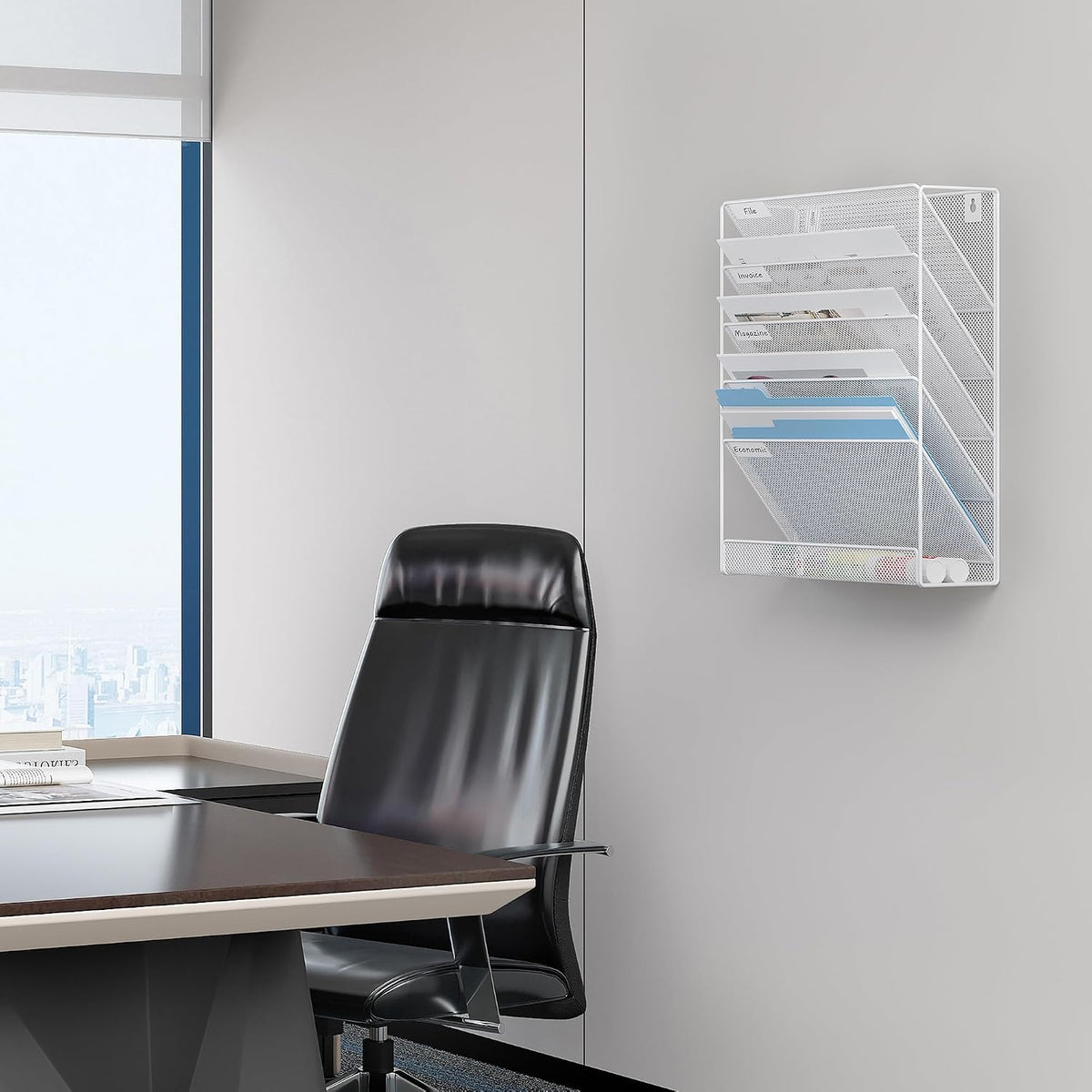 EasyPAG 5 Tier Wall File Holder, Mesh Hanging Folder Organizer with Classify Label, Versatile Desk File Holder, Vertical Wall Mounted Mail Organizer for Office Home Cubicle, White