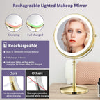 Gold Makup Mirror with Lights, 10X Magnifying Lighted Vanity Mirror, 8 Inches 360 Swivel Two-Sided Tabletop Mirror Gold Finish
