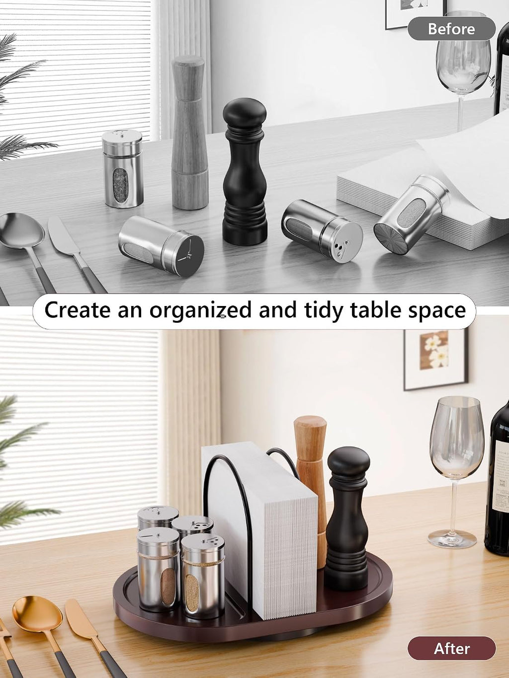 Walnut Rotating Napkin Holder with Salt & Pepper Shaker Storage