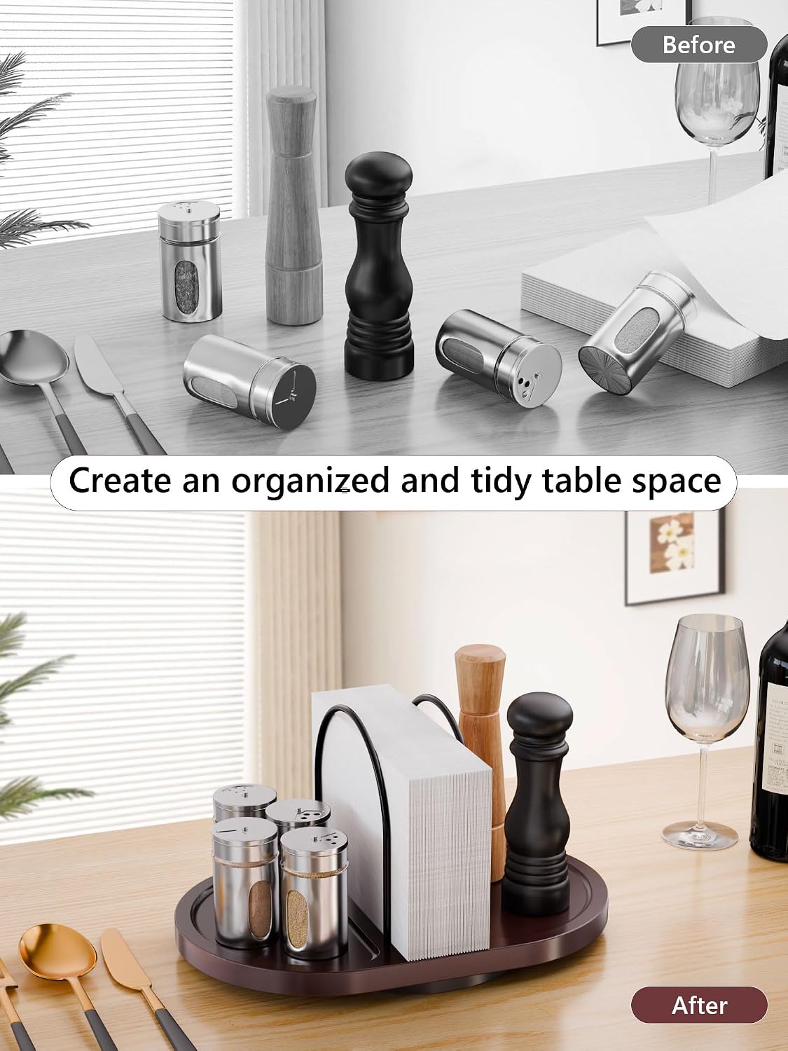 Walnut Rotating Napkin Holder with Salt & Pepper Shaker Storage
