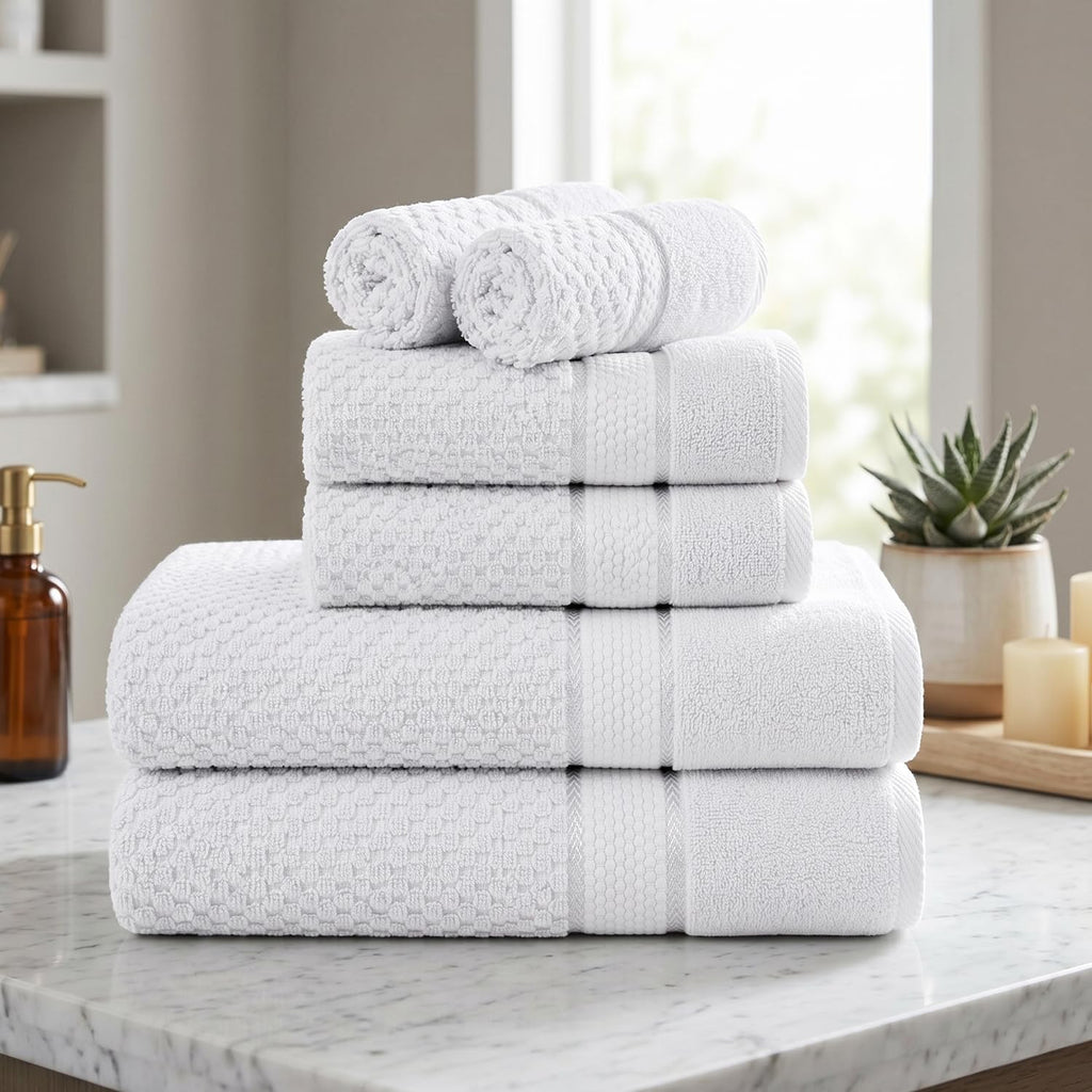 100% Cotton Towel Set 6 Piece, Soft & Absorbent, Quick Dry, Bathroom Towels Set (2 Bath Towels, 2 Hand Towels, 2 Washcloths), White