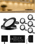 VST Under Cabinet Lighting Plug in with Wired Touch Dimmer Switch,Recessed or Surface Mount Design,Warm White 3000K 12V 2W(12W Total, 60W Equivalent),6 Pack Black Puck Lights Fixtures