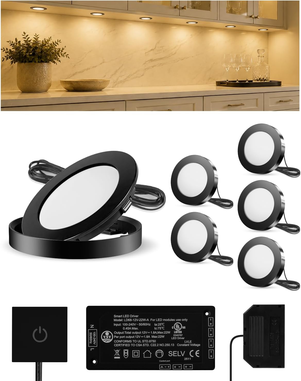 VST Under Cabinet Lighting Plug in with Wired Touch Dimmer Switch,Recessed or Surface Mount Design,Warm White 3000K 12V 2W(12W Total, 60W Equivalent),6 Pack Black Puck Lights Fixtures
