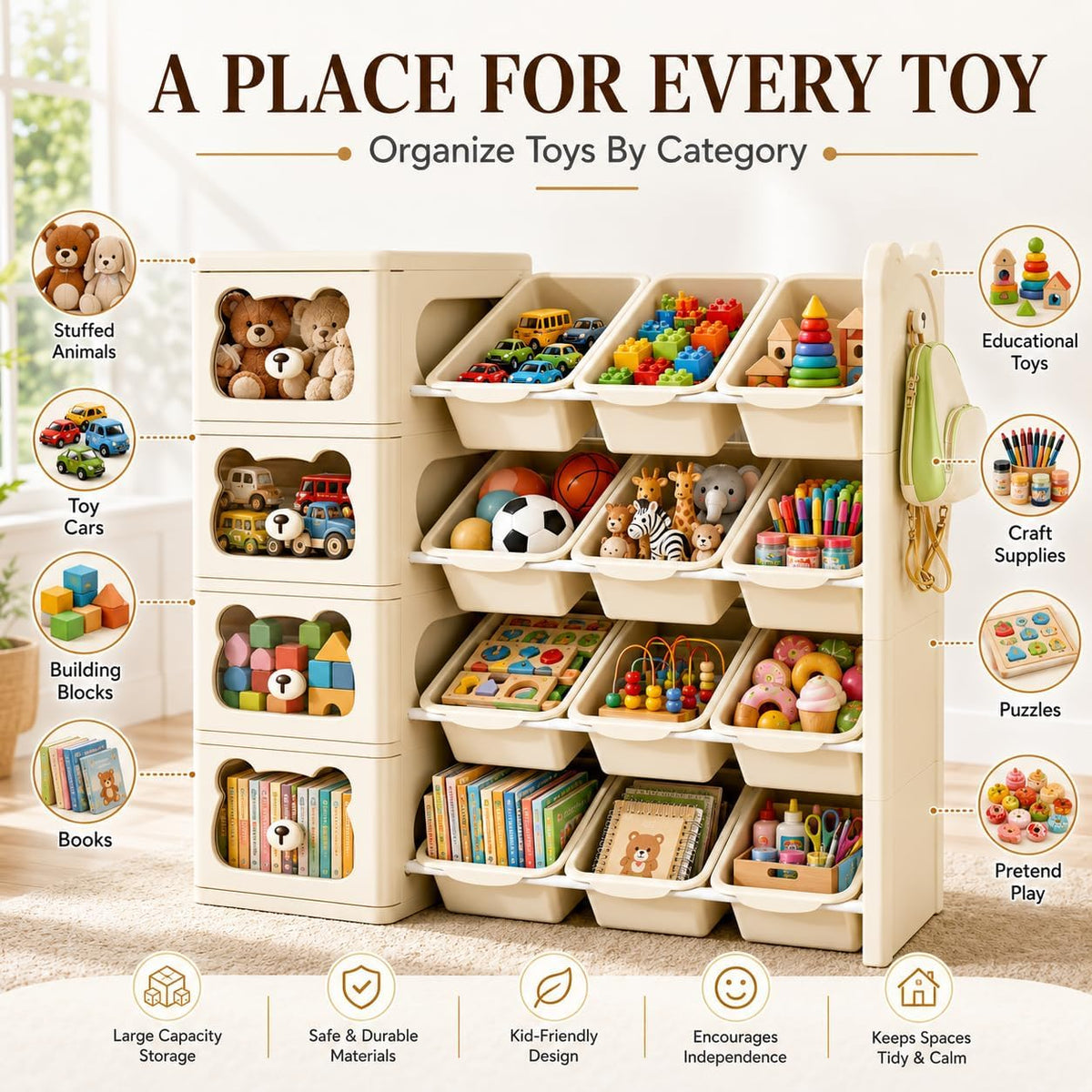 Toy Storage Organizer and Bookshelf with Drawers, Large 3-Tier, Beige