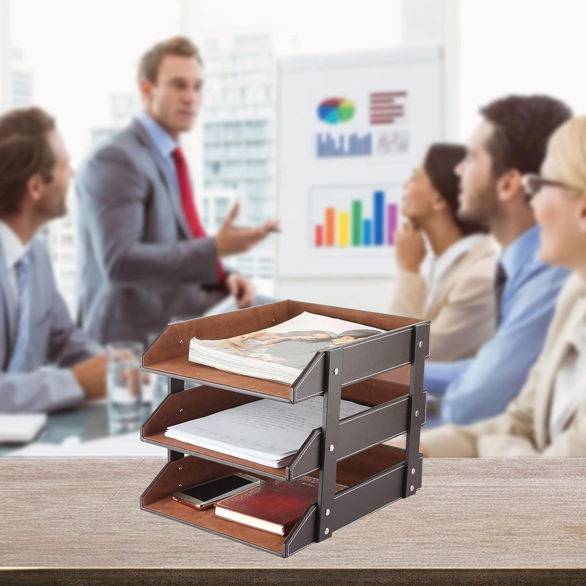 Very Sturdy 3 Tier Leather Desk File Rack for Office Supplies/Stationery/Folder,Stackable Letter Tray Organizer,Document Filing Organizer Holder for Desktop Storage (Brown)…