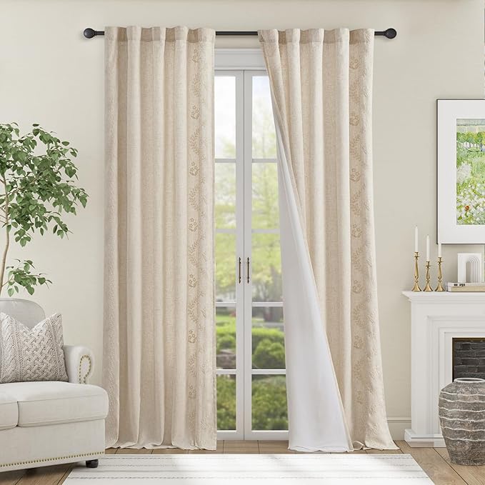 jinchan Belrose Lined Linen Blend Curtains Boho Floral Curtains - Image 3