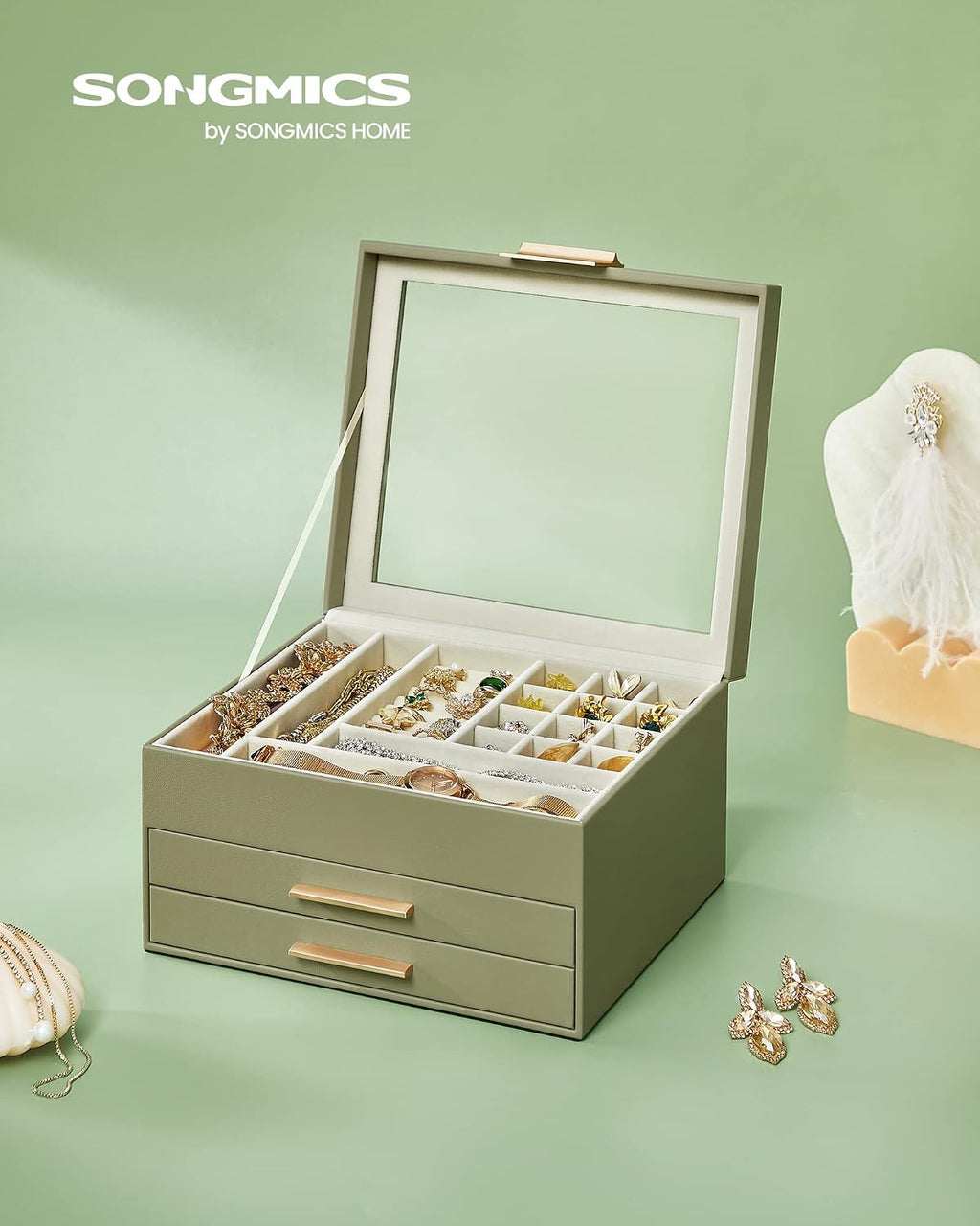 SONGMICS Jewelry Box Organizer, 3-Layer Storage with 2 Drawers, Glass Lid