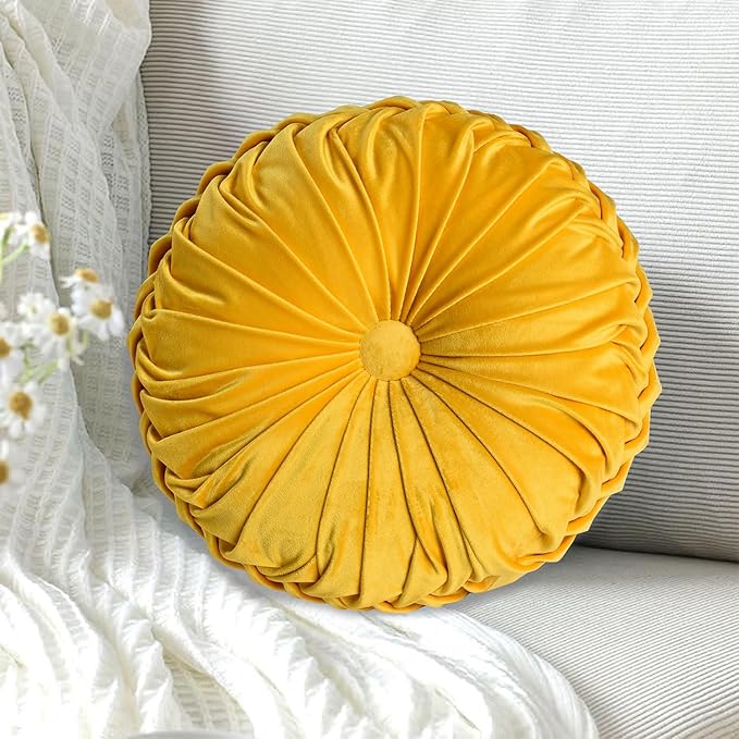 HIG Set of 2 Yellow Ruched Velvet Round Throw Pillows – 14.5’’ Decorative - Image 2