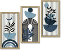 Putuo Decor Boho Abstract Wall Art, Set of 3, Modern Botanical Wooden Wall Decor, Blue Mid-Century Minimalist Framed Artwork for Living Room Bedroom, Office