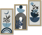 Putuo Decor Boho Abstract Wall Art, Set of 3, Modern Botanical Wooden Wall Decor, Blue Mid-Century Minimalist Framed Artwork for Living Room Bedroom, Office