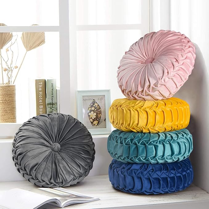 HIG Set of 2 Decorative Round Pleated Throw Pillows, Classy Accent Pumpkin - Image 8