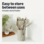 Amazon Basics Kitchen Utensils Set, 14-Piece Silicone Cooking Utensils with Wooden Handles, BPA-Free, Utensil Holder Included, Linen Gray