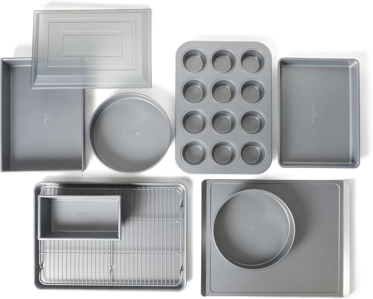 Calphalon Titan 10-Piece Nonstick Bakeware Set, Baking Sheet Set, Steel Core PFA-Free Nonstick Coating, Oven Safe, Includes Sheet Pans, Muffin Pan, Round Cake Pans, Loaf Pan and Cooling Rack - Silver