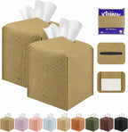 Tissue Box Cover Holder Square Tissue Cube Cover PU Leather Tissue Organizer with Bottom Belt for Bathroom, Tabletop, Car, Night Stands, Office, Home, Kitchen (2, Off White)