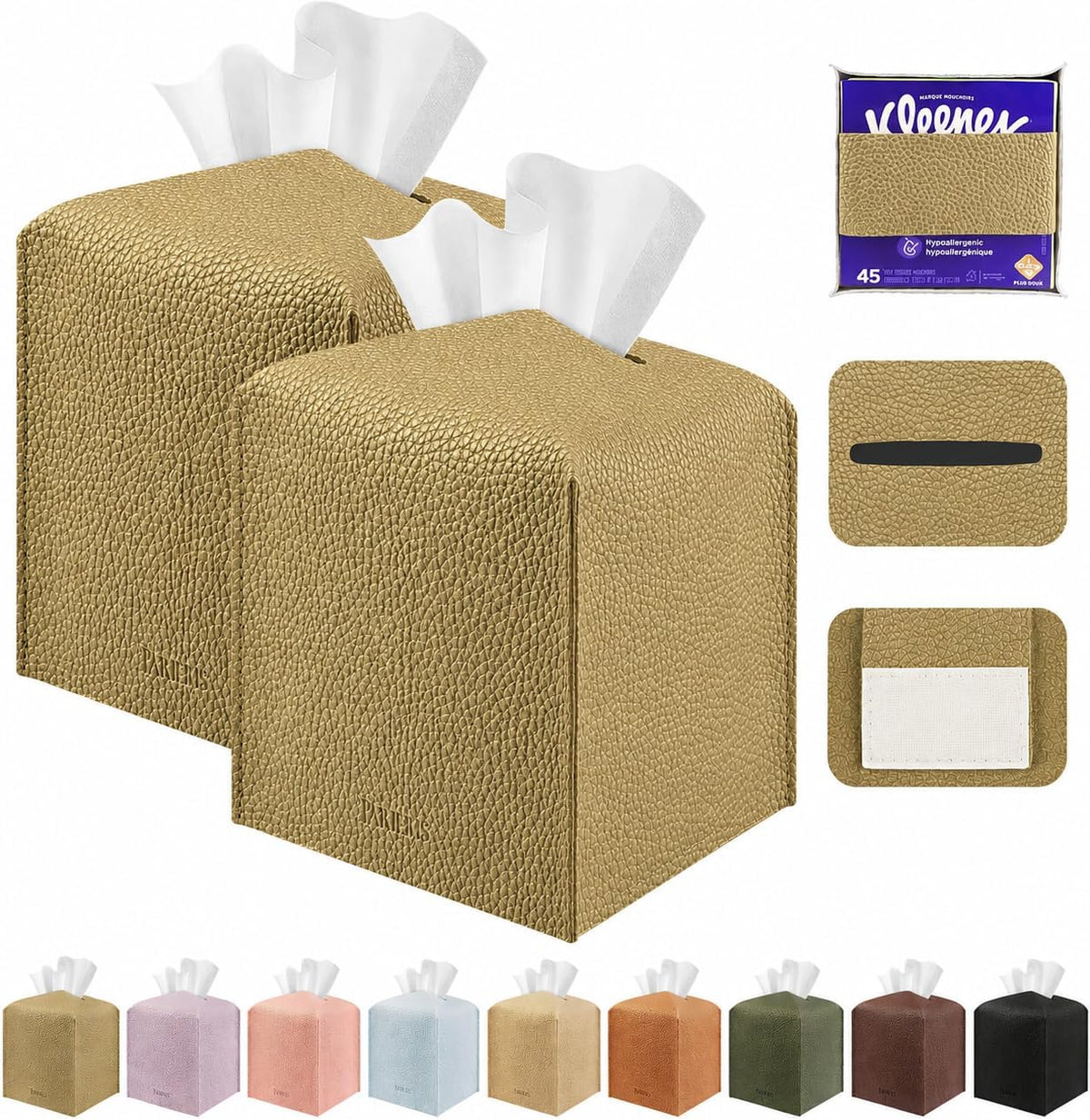 Tissue Box Cover Holder Square Tissue Cube Cover PU Leather Tissue Organizer with Bottom Belt for Bathroom, Tabletop, Car, Night Stands, Office, Home, Kitchen (2, Off White)