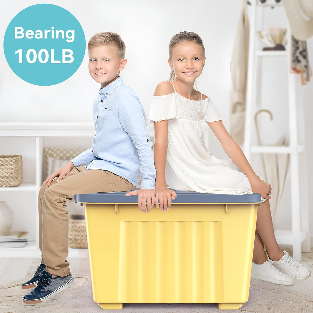 72 Quart Plastic Storage Bin On The Wheels, Stackable and Nestable Storage Boxes with Lids and Secure Latching Buckles, Large Storage Container (Yellow/Purple, 72Quart-6Pack)