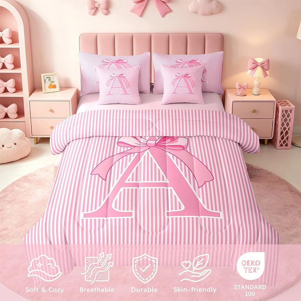Feelyou Pink Bow Comforter Set with Sheets 7 Piece Full Size Dreamy Princess Bow Bedding Set for Kids Boys Girls Personalized Letter A Bed in a Bag Room Decor Soft Microfiber