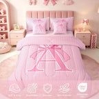 Feelyou Pink Bow Comforter Set with Sheets 7 Piece Full Size Dreamy Princess Bow Bedding Set for Kids Boys Girls Personalized Letter A Bed in a Bag Room Decor Soft Microfiber